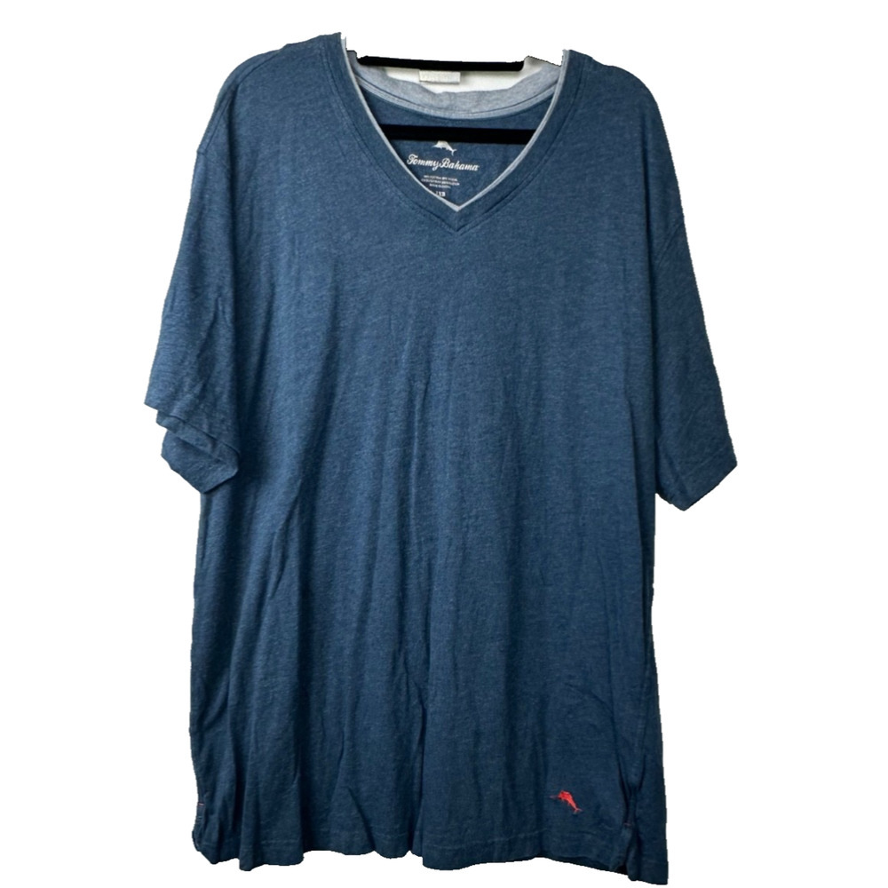 Tommy Bahama T Shirt Mens 1XB Blue Solid Layered Collar V Neck Casual Logo A47